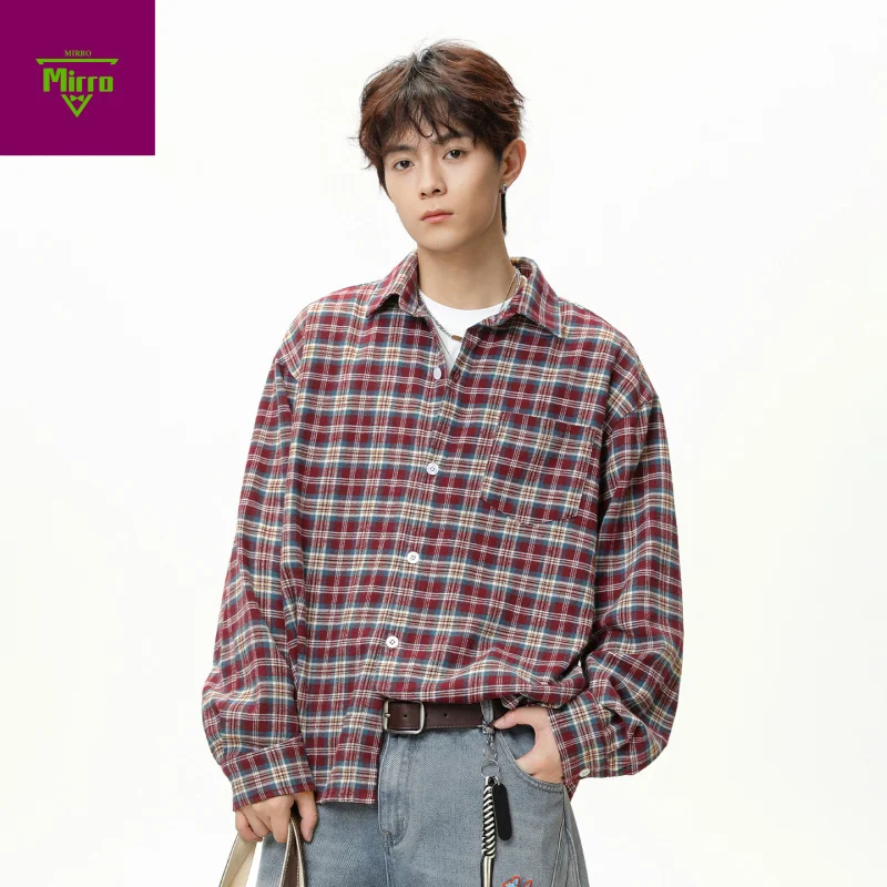 

【Mirrordust】Американская ретро-рубашка в клетку с длинными рукавами и цветными блоками для мужчин, осенняя рубашка с отложным воротником и карманами для пары