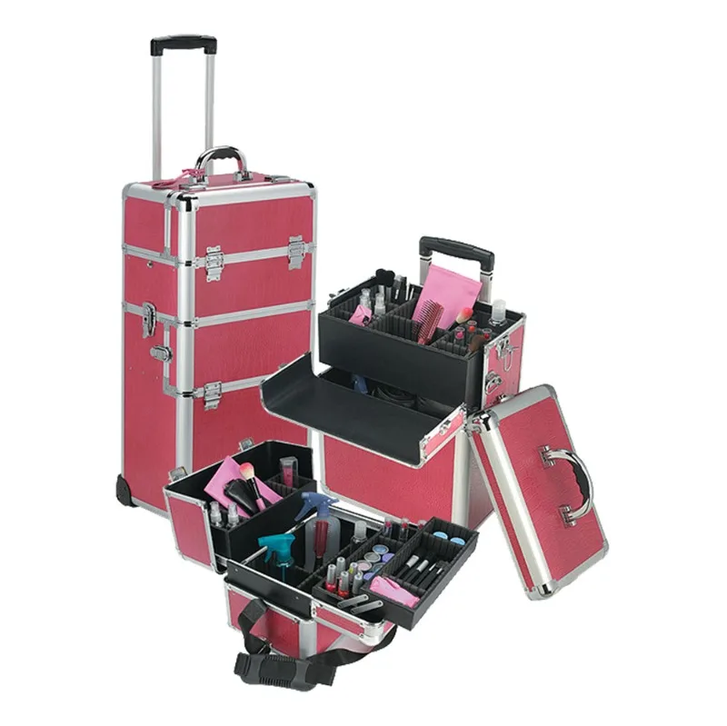 Dresser Hand Made Up Suitcase Embroidery Toolbox Professional Makeup Artist Bag Aluminum Frame Rolling