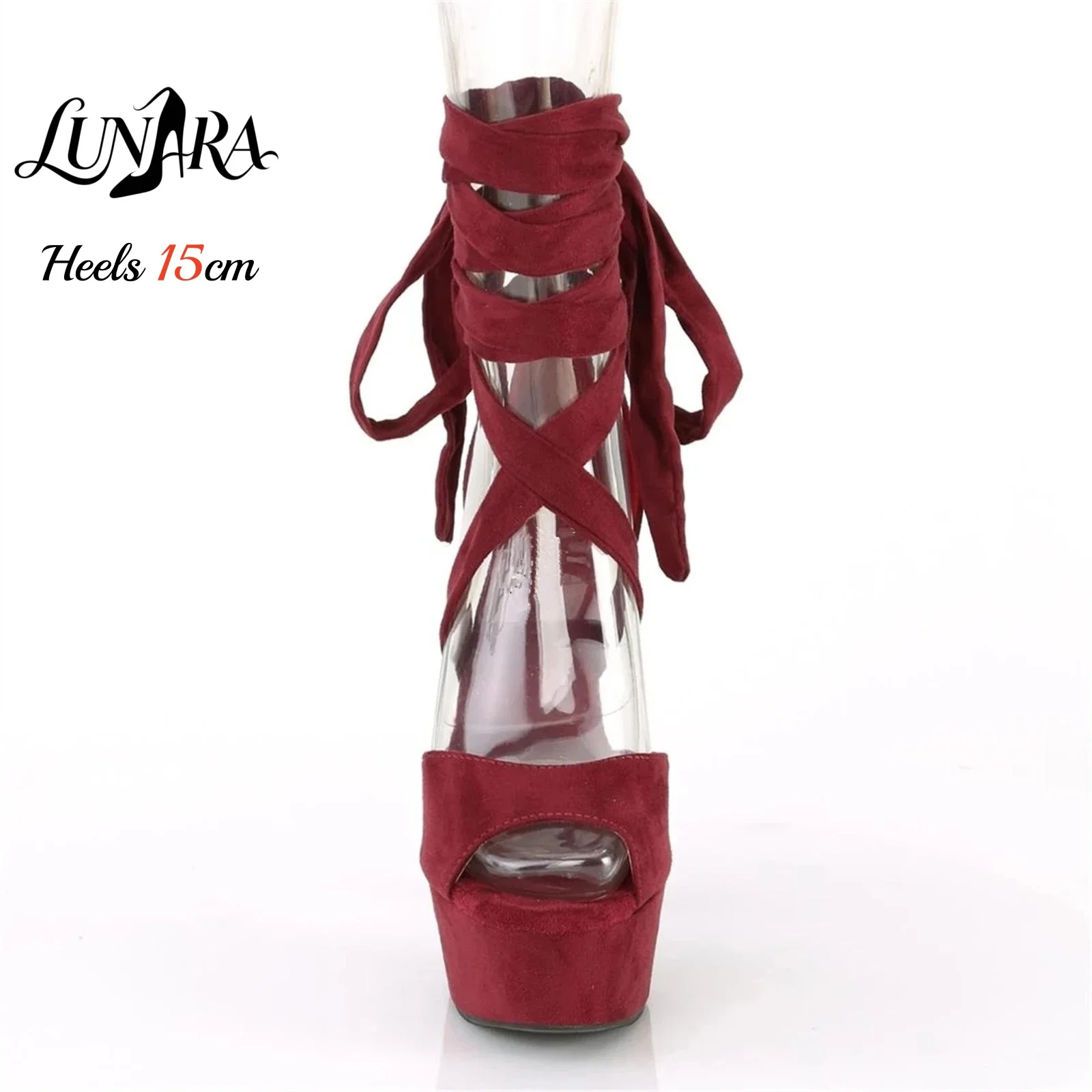 15cm/6in Burgundy Faux Suede High Heel Sandals Wrap Around Ankle Laces Open Toe Non-slip Sexy Stage Performance Nightclub