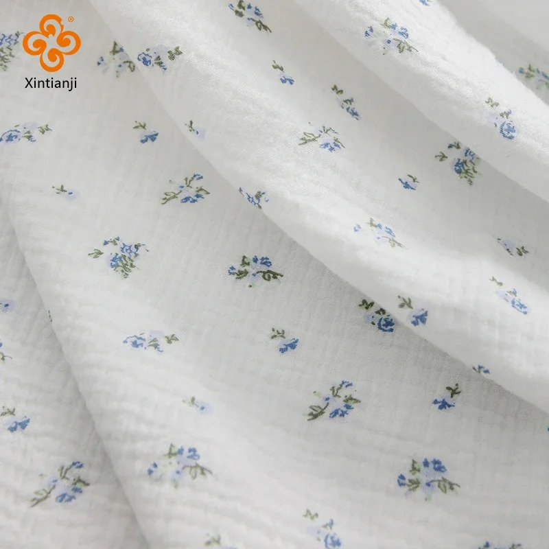 

10 Meters Blue Floral Double-layer Gauze Crepe Cloth for Sew Children's Muslim Towels Pajamas Women Summer Dress DIY Materials