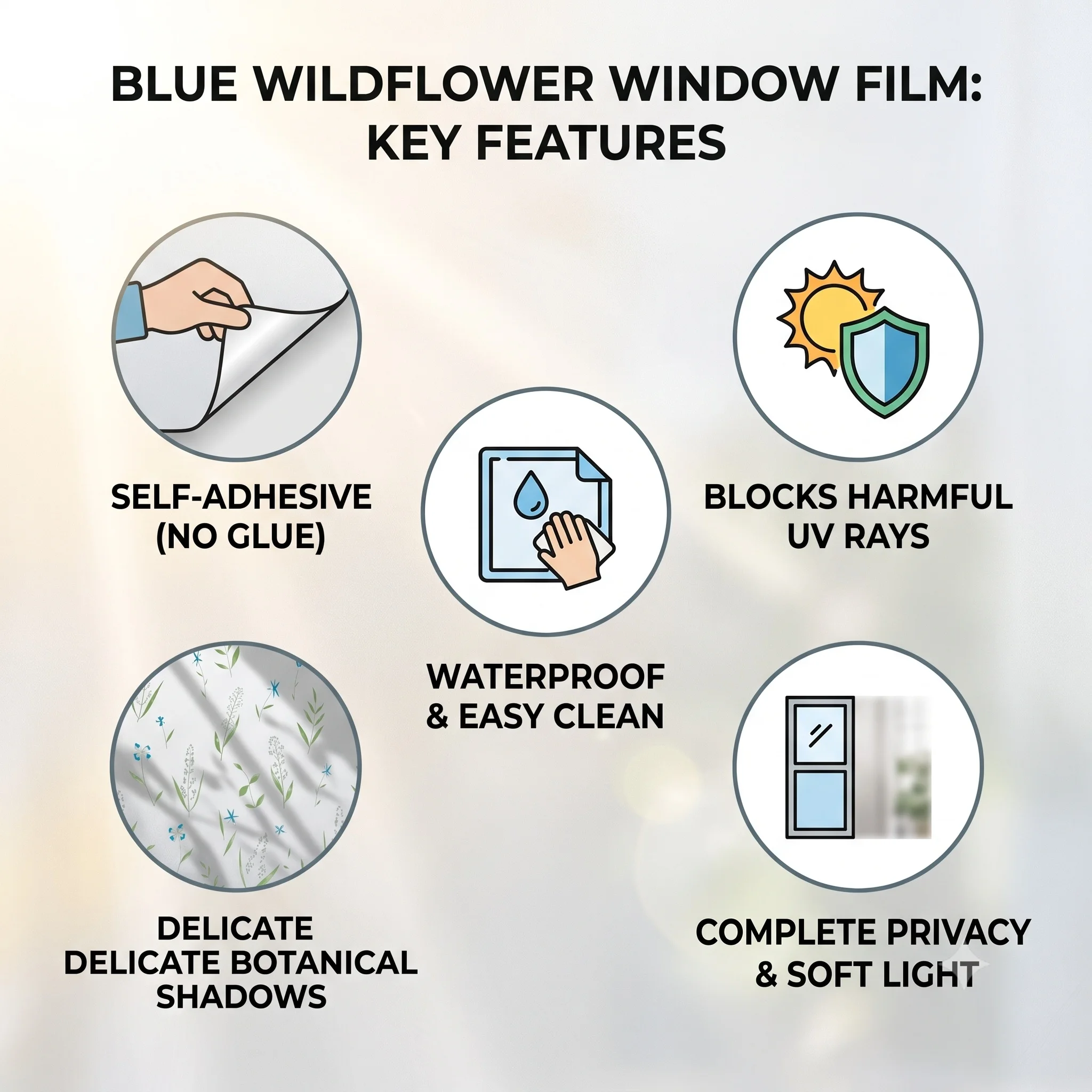 Blue Wildflower Self-Adhesive Window Film Botanical Floral Privacy Glass Sticker Waterproof Anti-UV Decor for Bathroom
