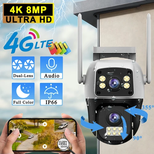 4K 8MP 4G SIM Cámara IP Lente dual al aire libre impermeable 360 °   Cámaras PTZ de protección de seguridad CCTV de videovigilancia de detección humana