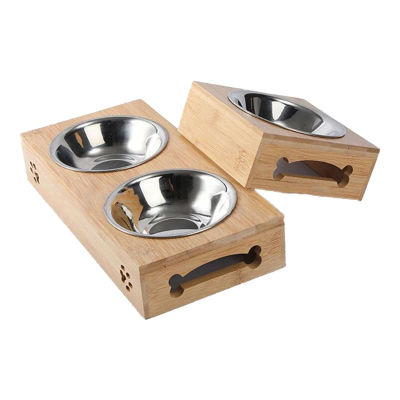 KX4B Elevated Dog Bowl Bamboo Feeder Dog Dishes with 2 Stainless Steel Bowls Help the Stomach Digest the Gift for Pet D