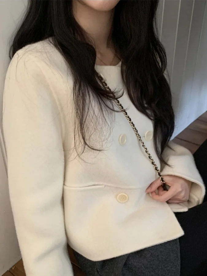 Ele ort Woolen Coat Chic Retro round Ne Double Button Women's Faion Outerwear Commute Sle Long Sve  Color