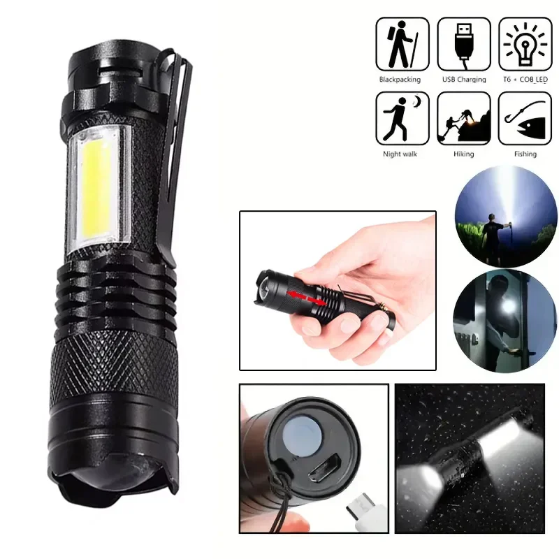 Mini LED Flashlight Zoomable Rechargeable Torch XPE+COB Side Light Emergency Flash Lamp For Outdoor Camping Fishing Lighting