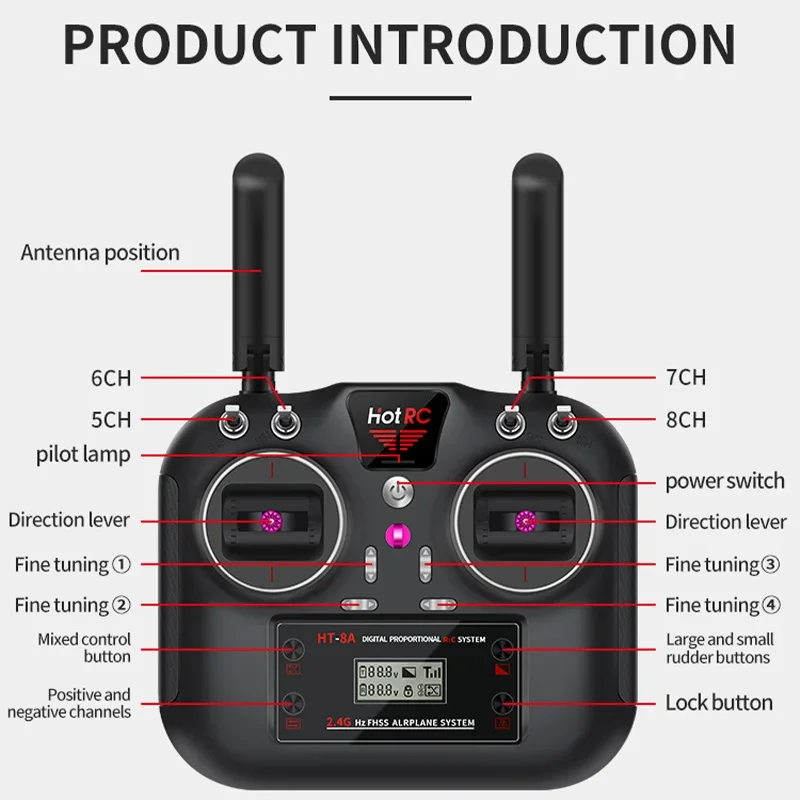 2024 Hotrc New Ht-8a 2.4g 8ch Fhss Gfsk Transmitter Remote Control With Receiver For Unmanned Aircraft And Vehicles