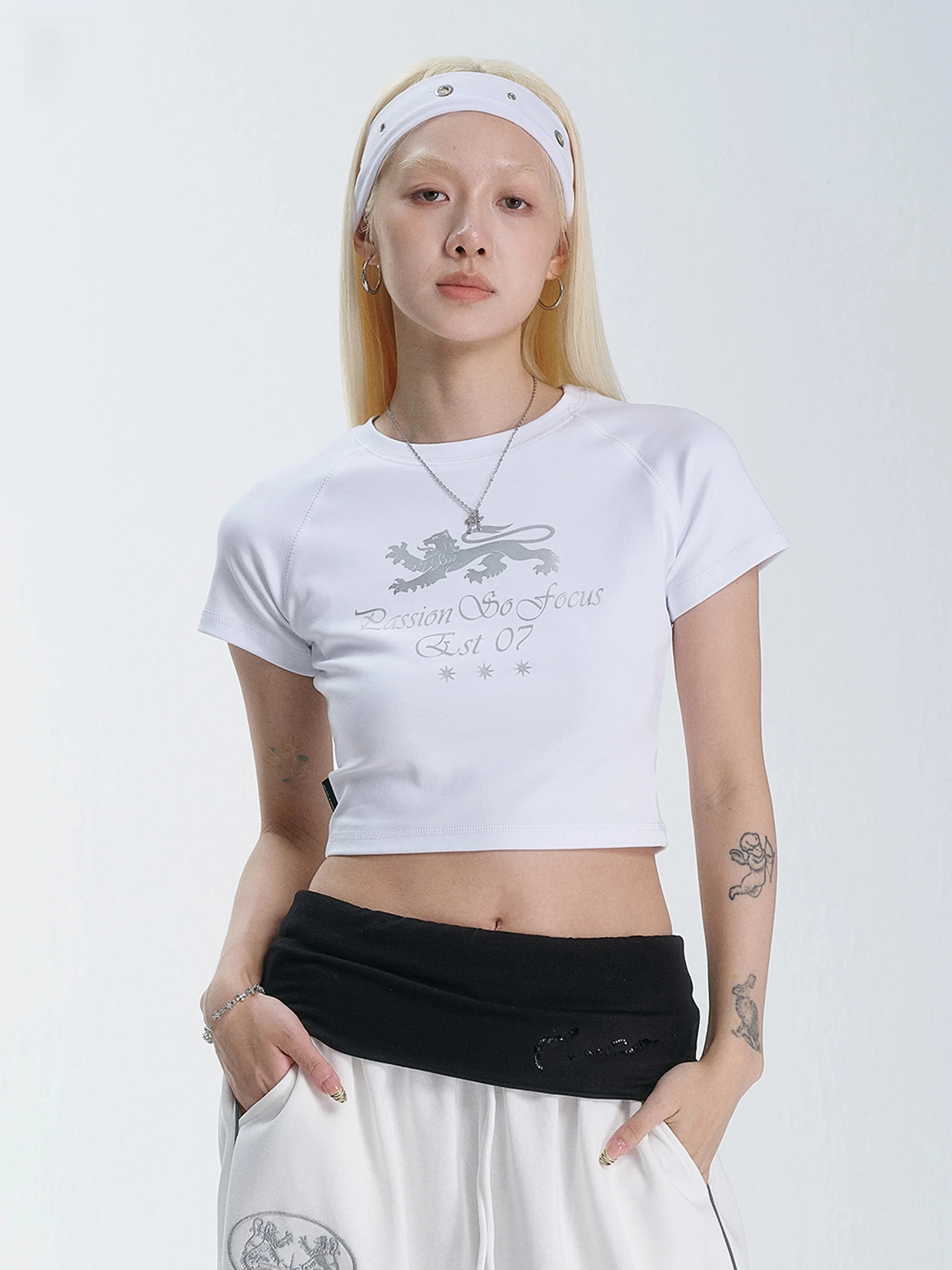 Smile Dddd Silver Lion Print Short Sleeve round Neck Slim Fit Street Dance Sexy T-Shirt Women's Casual Comfortable Cotton Blend