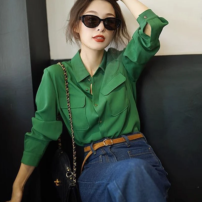 French Style Retro Elegant Green Long Sleeved Shirt Autumn New Fashion Casual Loose Versatile Popular Turn-down Collar Lady Top