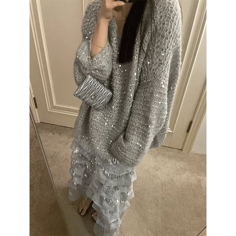 Korean Casual Knitted Suit Gray Sequined O-neck Loose Sweater Pullover Top Long Ruffle A-line Skirt Autumn Women's Two-piece Set