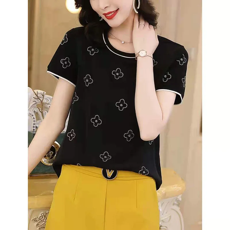 

Fashion O-Neck Spliced Short Sleeve Diamonds Blouse Women's Clothing 2023 Summer New Casual Pullovers Loose Korean Shirt