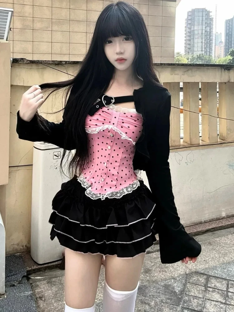 Korean Popular 3 Piece Set Women Summer High Street Y2k Lace Patchwork Sling Off Shoulder Tops + Gothic Retro Short Thin Skirt