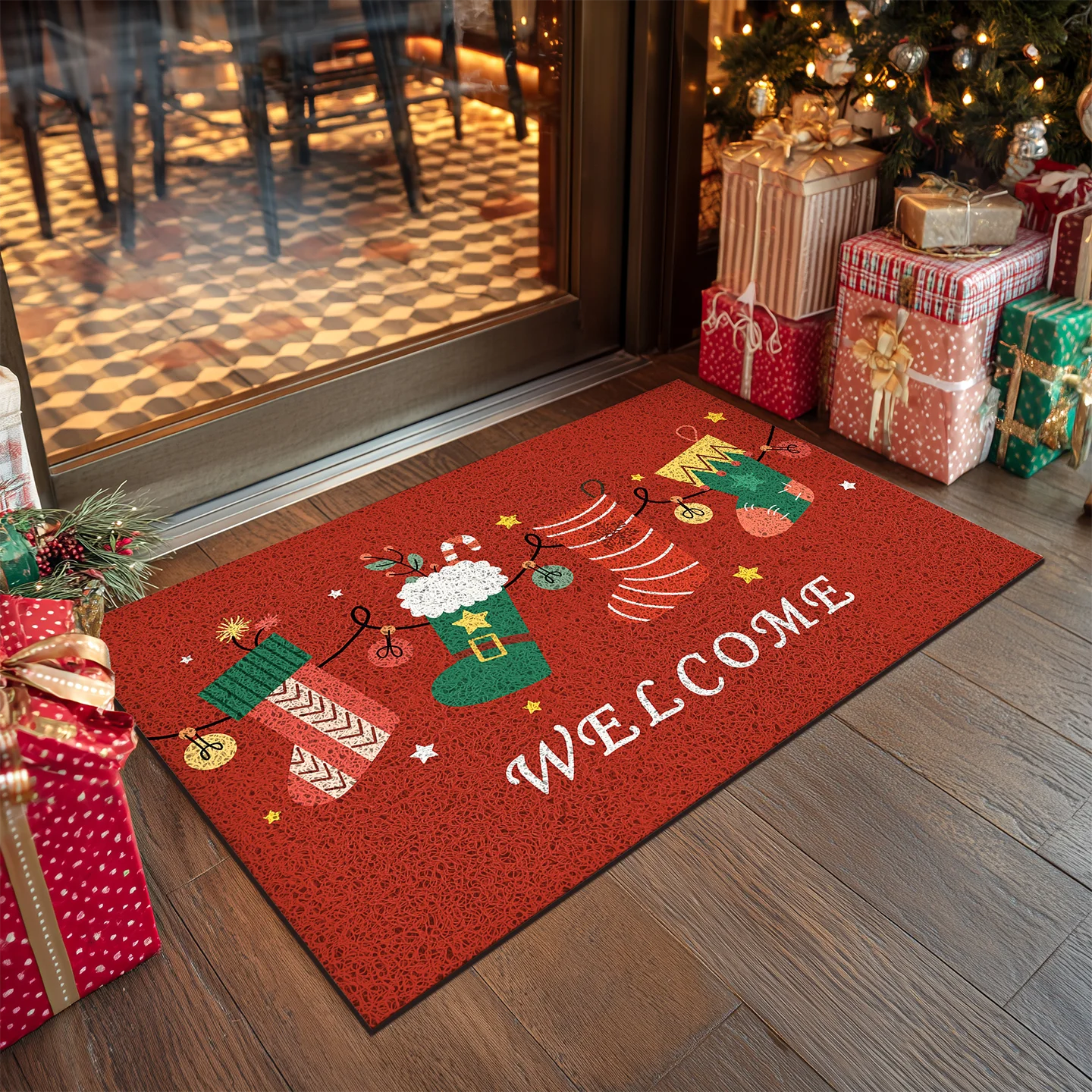 Christmas Doormat Festive Holiday Entrance Mat Anti-Slip PVC Silk Loop Floor Rug Scraping Dirt Trapper Winter Home Decor