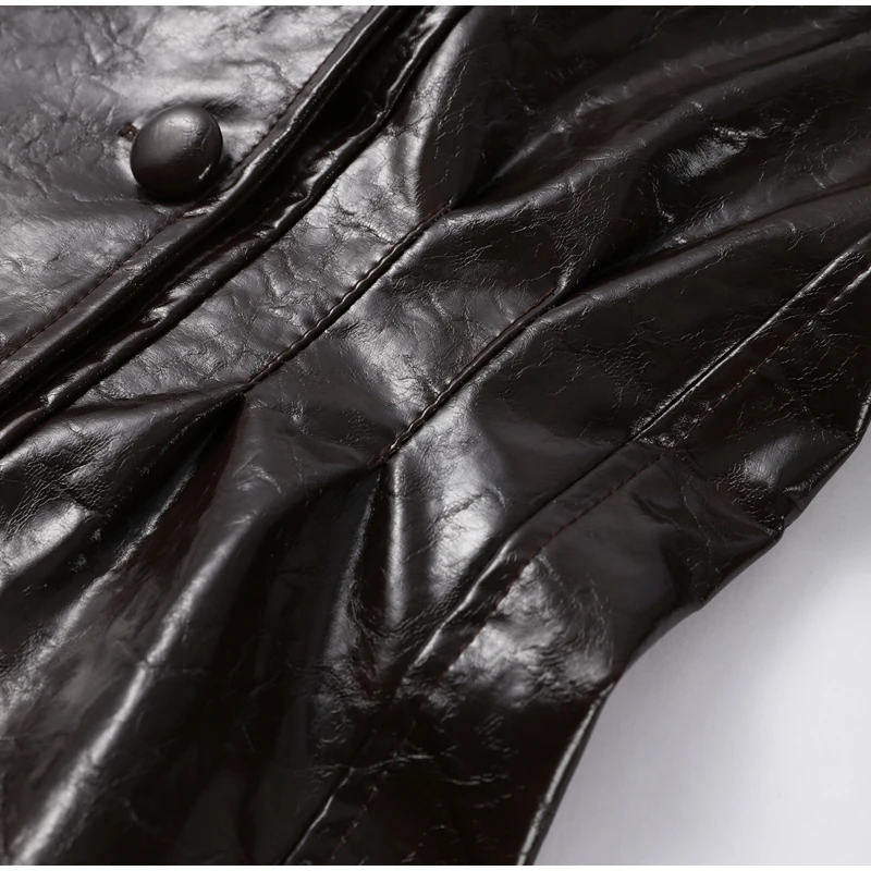 Solid PU Leather Women's Jacket Mini Skirt Set Lapel Neck Full Sleeve Double Breasted Coat Suit 2025 Autumn Stylish Edgy Outfit