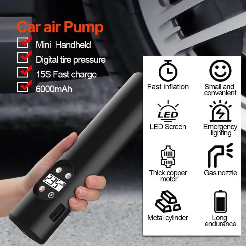 6000mAh Cordless Tire Inflator 150PSI Portable Air Compressor Digital Display Air Pump with LED Light for Car Motorcycle Bicycle
