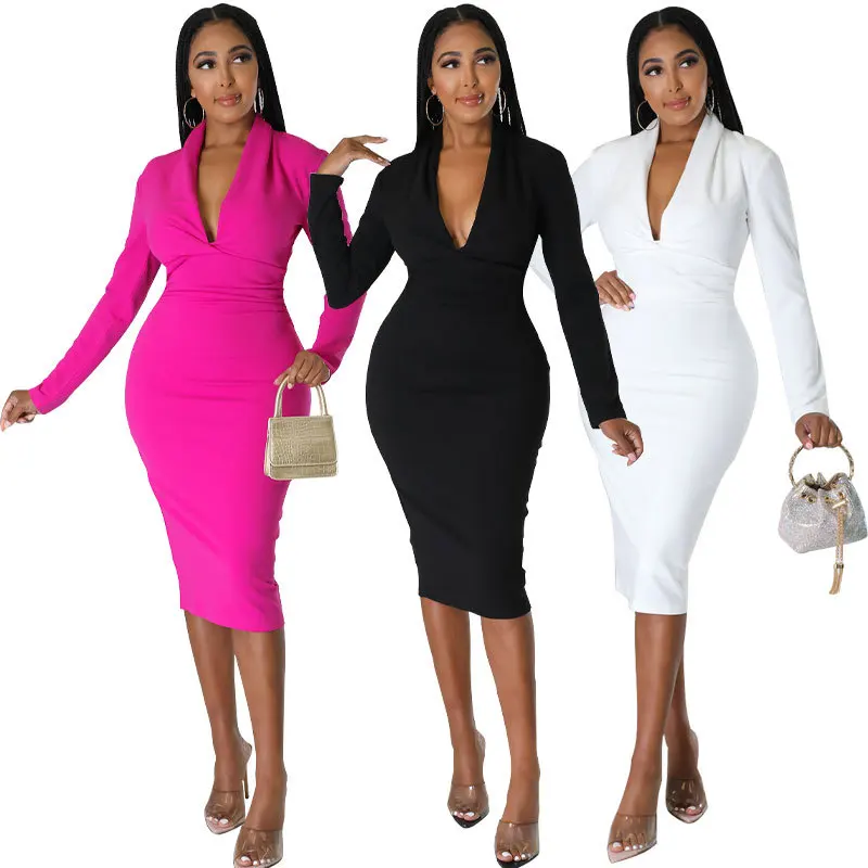 

SKMY Women Clothing White Dress Deep V High Waist Sexy Split Nightclub Outfits Elegant Evening Party mid ength Dress Solid Color