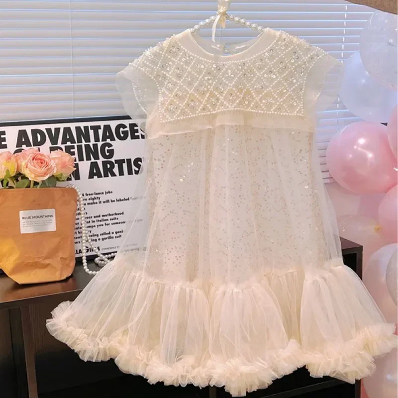 Girls\' Summer 2024 New Big Shawl Pearl Broken Diamond Dress Mesh Princess Style Korean Version Dress