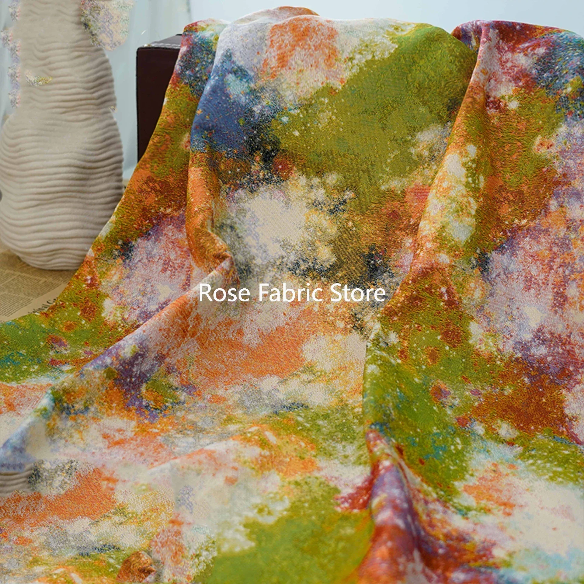 1 Meter Retro Oil Painting Style Thick Coarse Jacquard Fabric Dining Table Cloth Jacket Diy Sewing Fabric