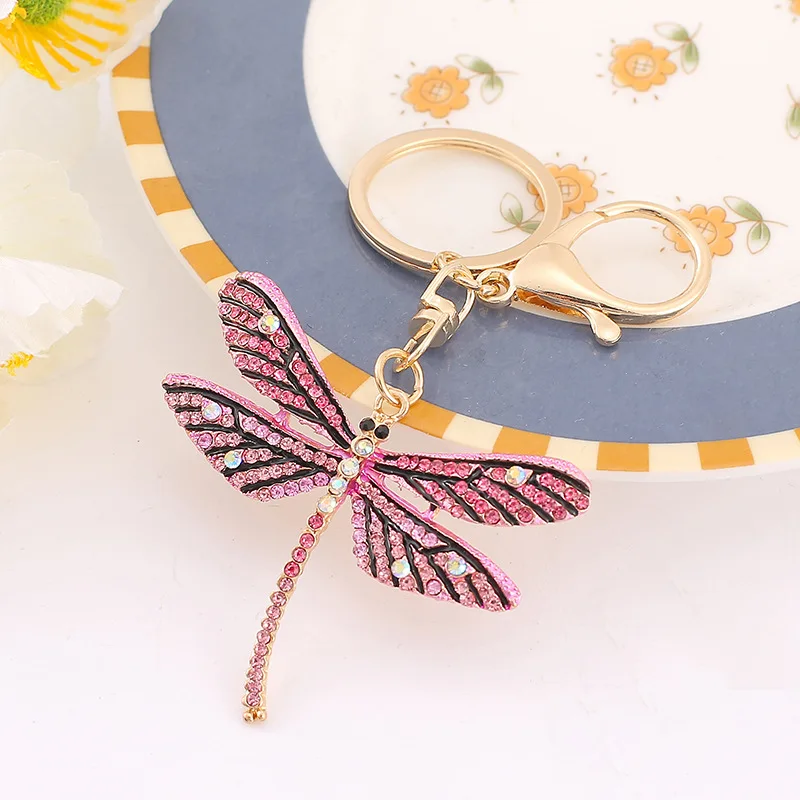 European and American alloy crystal dragonfly key chain car ring girl bag luxury pendant Korean accessories wholesale