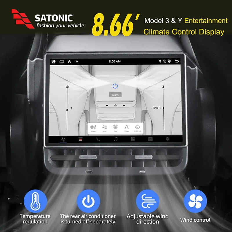 SATONIC Rear Entertainment Screen Android  Instrument Display For Tesla Model 3 Y Wireless Carplay Andriod Auto