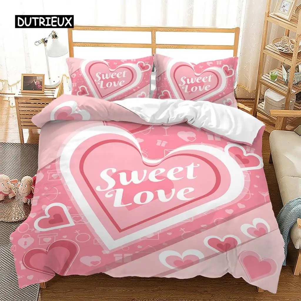 Pink Valentine's Day Love Heart Name Bedding Sets Single Double Size Fashion Flower Rose Duvet Cover for Bedroom Decorations