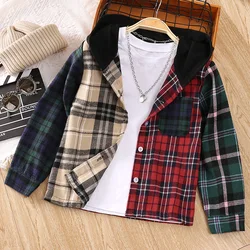 New Autumn Spring Shirts For Boys 5-12Years Children's Multi-Colored Plaid Shirt With Hooded Shirt Casual Shirt For Fashion Boys