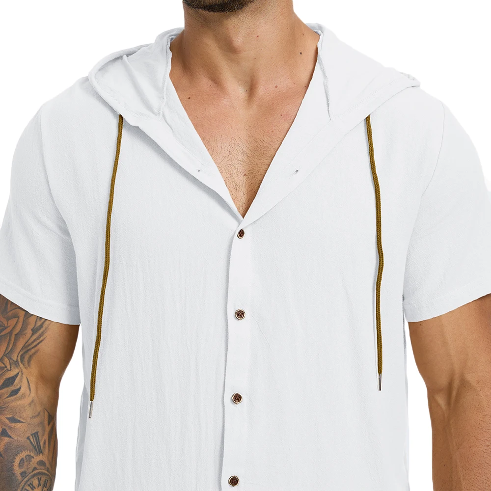 Summr Short Sleeve Shirts for Men Hooded Fashion Design Solid Color Breathable Lightweight Cotton Linen Cozy Casual Button Top