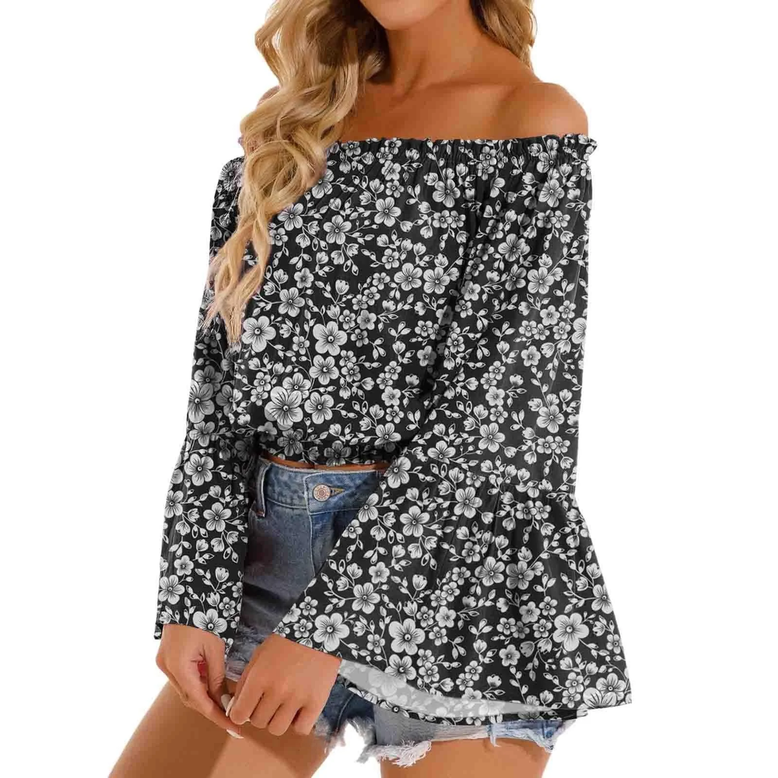 

Women's One oulder Printed Long Sve irt Floral Pattern Elastic Waist Bell Sve Polyester Fabric Spring Summer irt