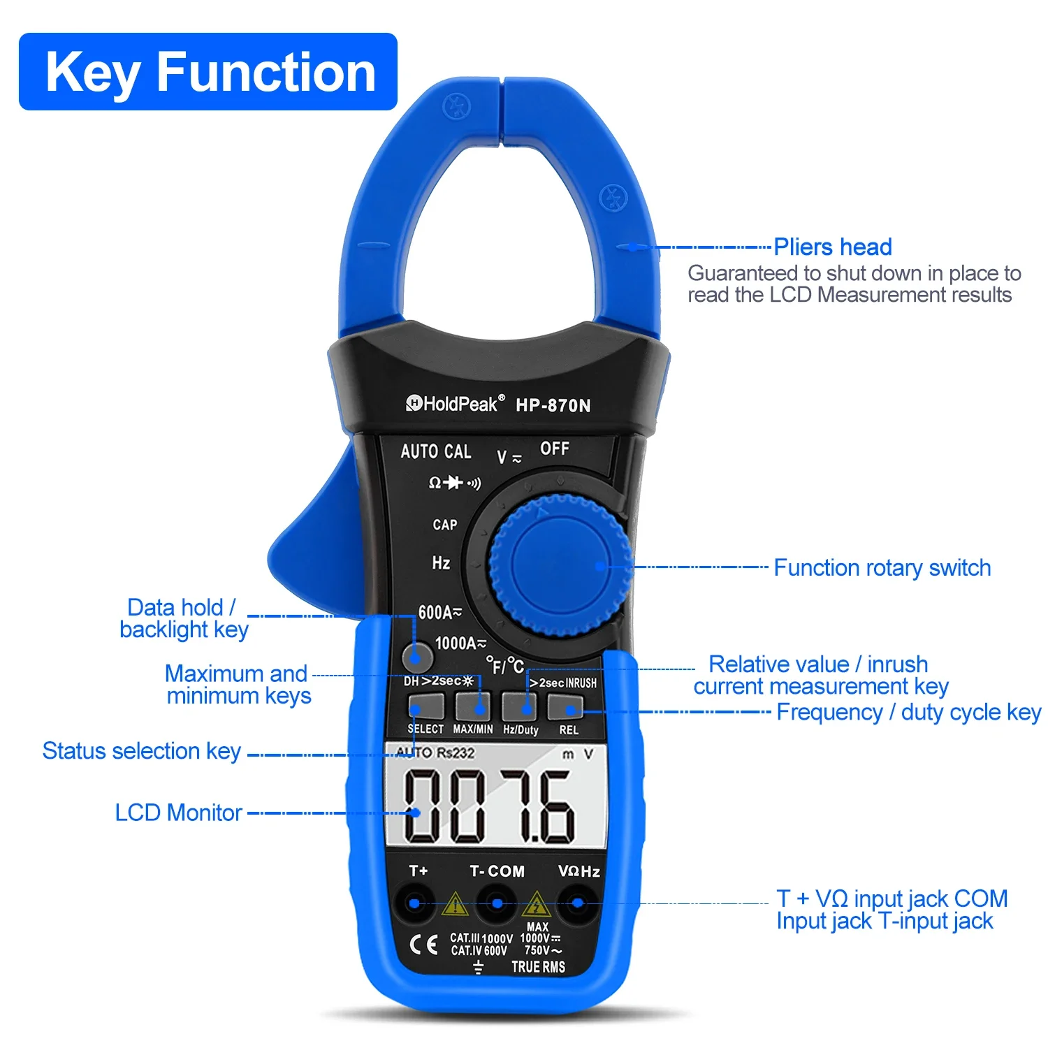 Medidor de braçadeira q 870N q com contagem AC/DC de alcance automático 6000 com função de calibração automática retroiluminação de retenção de dados