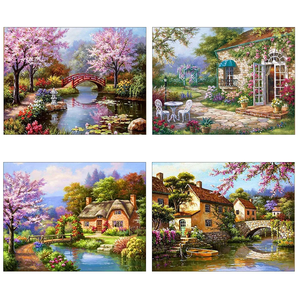 Meian Landscape Cross Stitch Kits Cartoon Houses Stream Cherry Tree Dream Home Decor Painting Embroidery Set DMC Printed Canvas