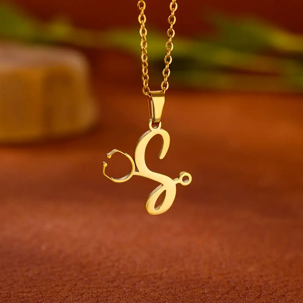 Stethoscope Stainless Steel Initial Letter Necklace For Women Gold Color Necklace Medical Graduation Jewelry Doctor Nurse Gift view 4