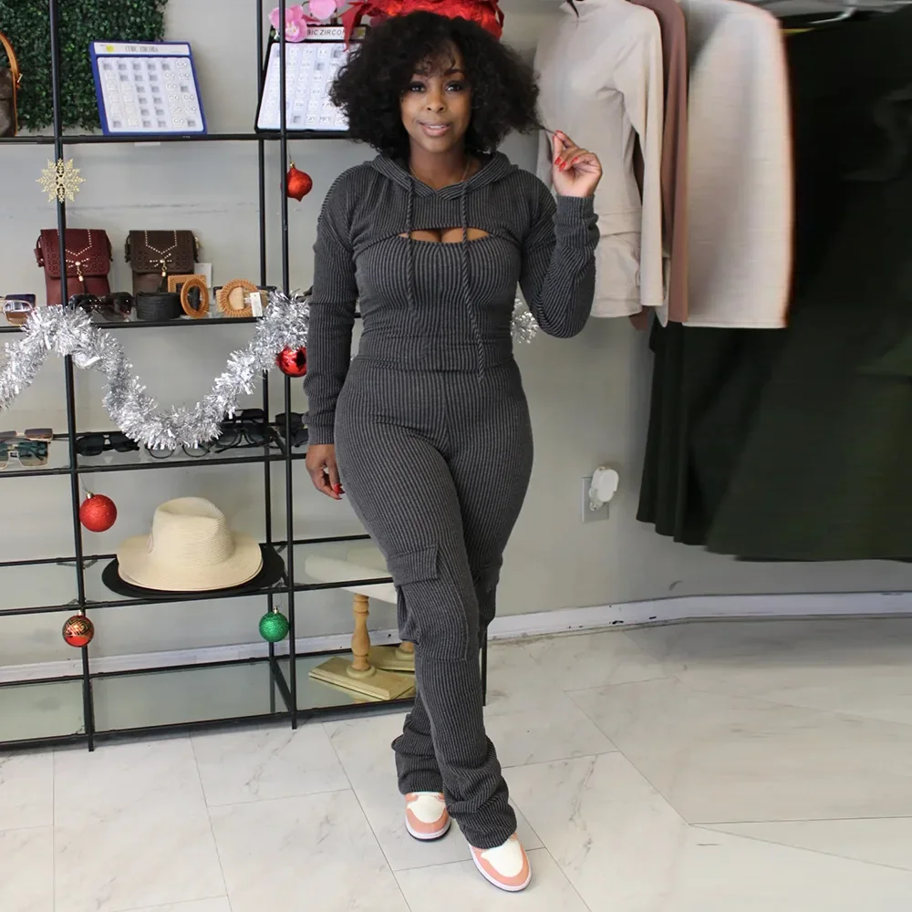 High quality Woman Hoodie Jumpsuit Set Spring 2024 Womens Clothing Casual Ribbed Knitted Long Sleeved Chic Jumpsuits Jogging