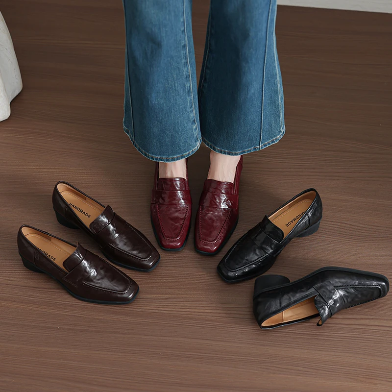 2026 new spring autumn women pumps natural leather 22-25cm sheepskin+pigskin+cowhide square toe loafers women shoes fashion