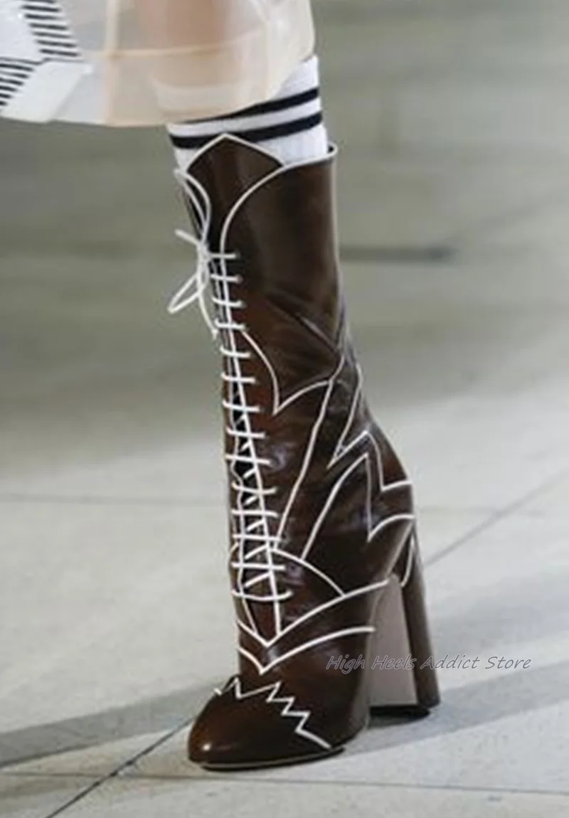 Lace up Chunky Heel Mid Calf Boots Black\Red\White Leather Booties 2024 New in Luxury Designer Runway Shoes