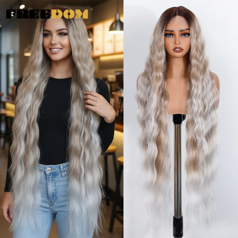 الحرية الاصطناعية الدانتيل شعر مستعار أمامي 36 بوصة سوبر طويل عميق الجسم متموج الدانتيل الباروكات للنساء أومبير براون شقراء الباروكات الأبيض شعر مستعار تأثيري #6