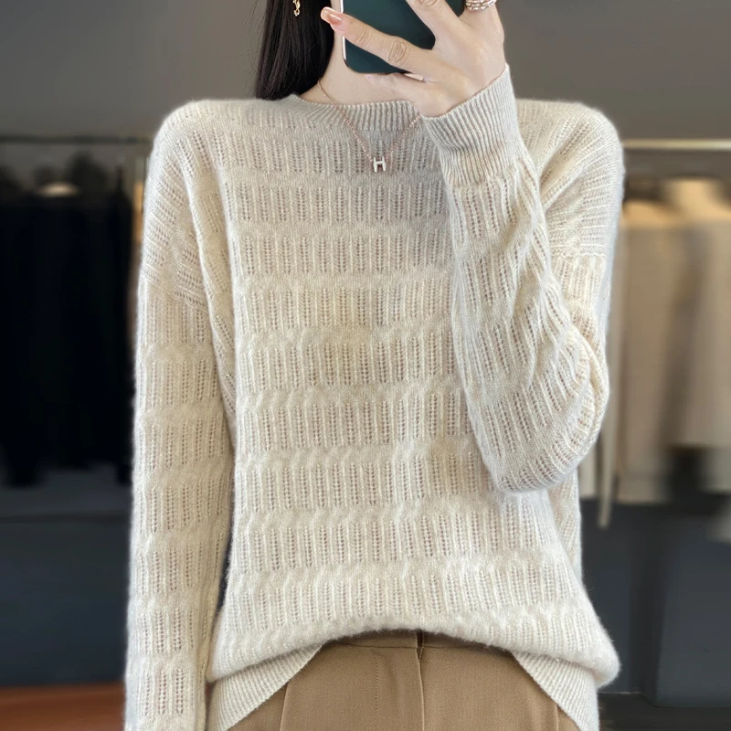 Autumn and Winter Women‘s Sweater O-Neck Long Sleeve Casual Thick&Loose Hollow out Knitwear Pullover Tops Female clothing