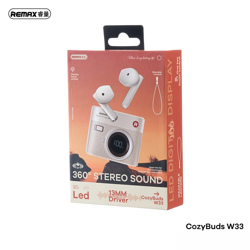 REMAX CozyBuds W33 kabellose Bluetooth 5.4-Kopfhörer im Retro-Stil mit One-Click-Touch und digitalem Akku-Display