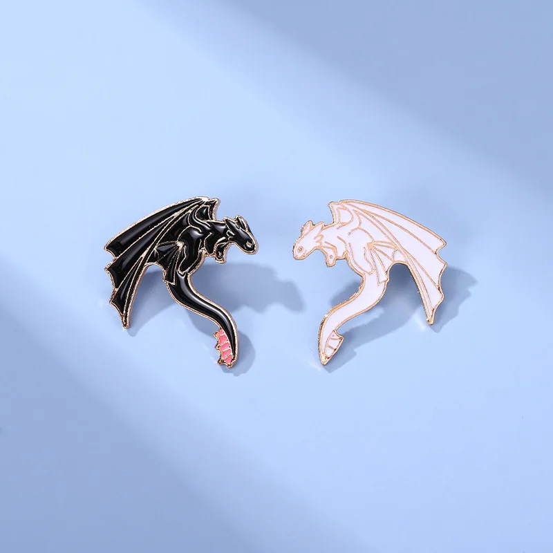 Cartoon Black And White Dragon Enamel Pins Cute Fun Couple Monster Alloy Brooch Badge Trendy Lapel Jewelry Gift For Friends