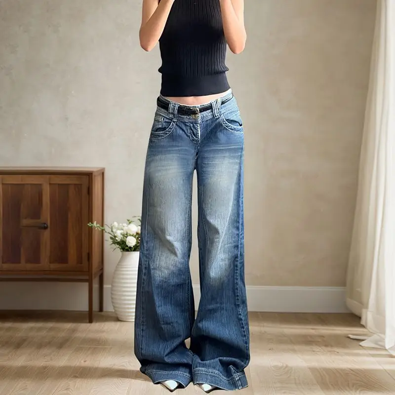 

Onalippa American Retro Original Color Ground White Basic Jeans Spicy Girl Low Waist Pleated Loose Slimming Straight Leg Pants
