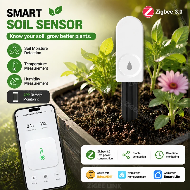 Smart Zigbee Soil Tester Soil Moisture Air Temp Humidity Detector Real‑time Plant Monitor for Lawn Flower Irrigation Automation