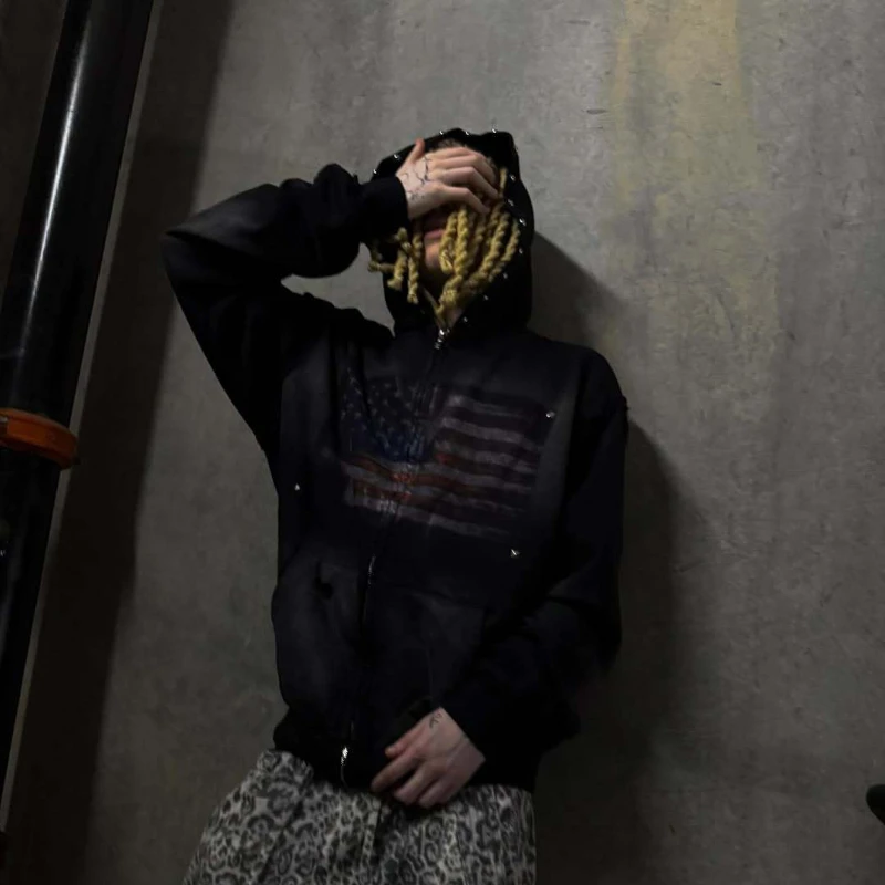 High Street Y2K Washed Worn Hooded Sweatshirt European American Willow Nail Metal Decoration Autumn Winter Streetwear Outerwear