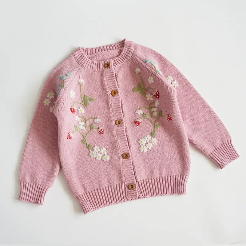 2023 Autumn Kids Sweater Cute Flowers embroidery Girls Knitted Cardigan Baby Girl strawberry Coats