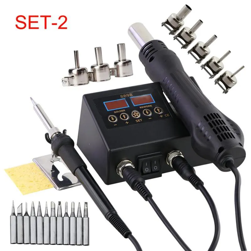 8898 Heat Gun Electric Soldering Iron Dual Digital Display 2 in 1 Welding Station Welding Maintenance Tool Combination EU Plug