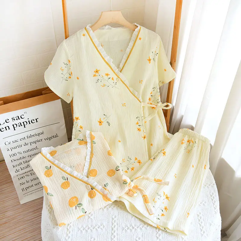 

Japanese Style Kimono Pajamas Women Washed Pure Cotton Gauze Short Sleeved Shorts Pajama Set Lace Lacework V-neck Home Clothing