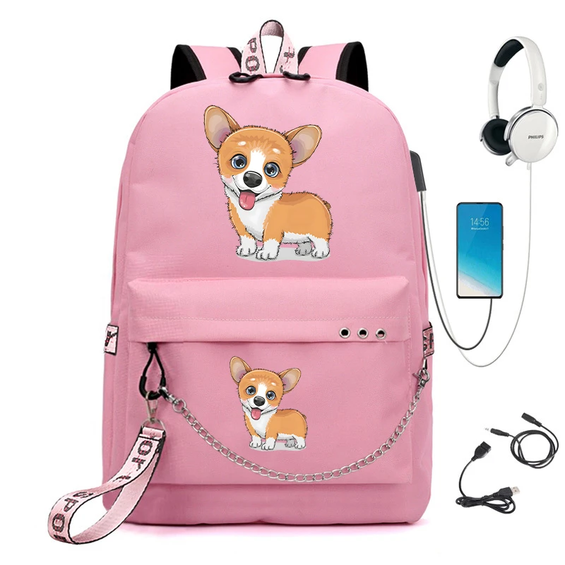 Mochila escolar con estampado de dibujos animados de perro Corgi para estudiantes, Bolsa Escolar Kawaii, bolsa de libros Usb de Anime, mochilas de Manga de animales