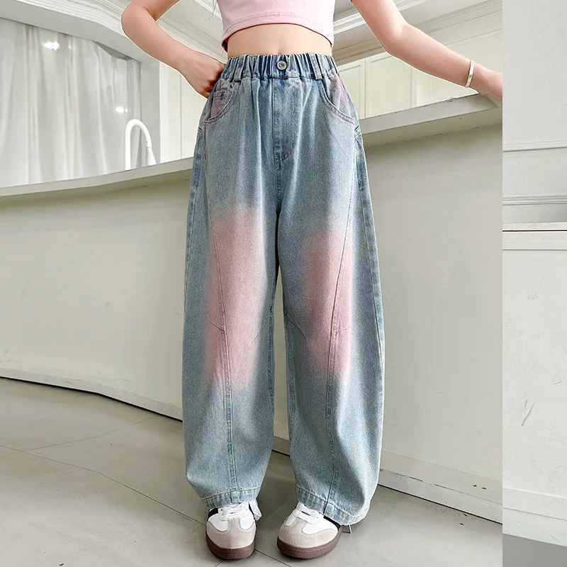 

Fashion Teenager Girl Thin Summer Jeans with Pink Print for Kids Casual Gradient Denim Pants Unique Design Child Jeans Trousers