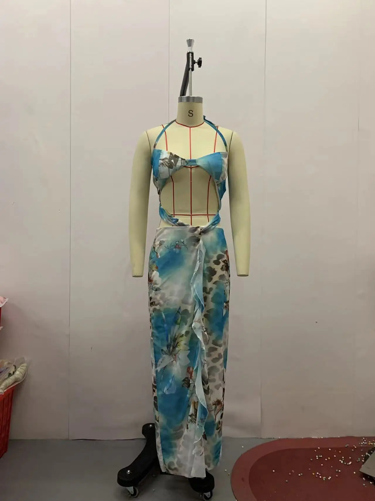 Dameskleding holle hete meid riem mouwloze sexy bedrukte jurk strand zomer slanke lange jurk