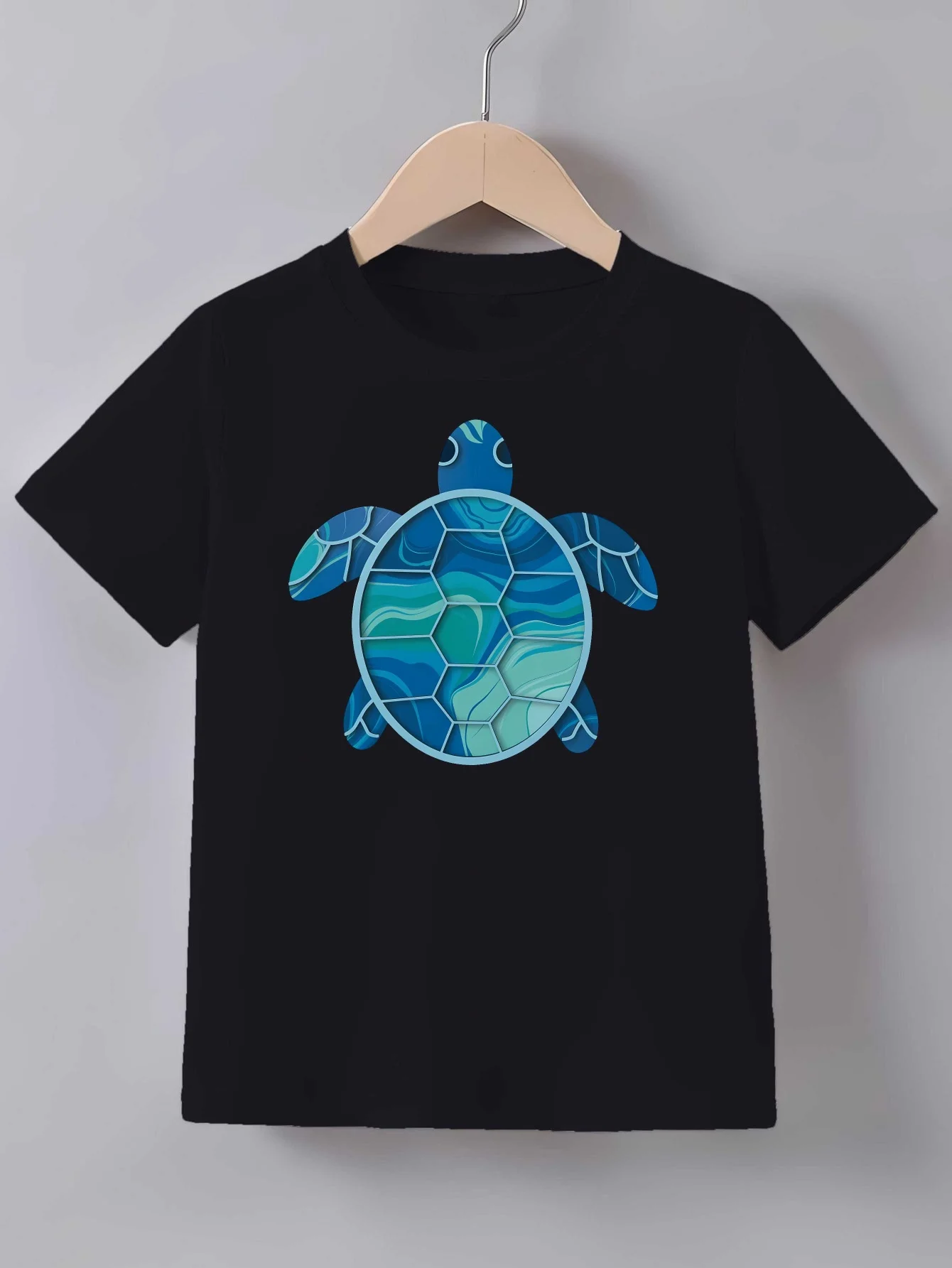 Blue Ocean Sea Turtle Paper Cut Print T Shirt Family Matching Outfit Boys Girls Kids Short Sleeve Children Daily Tees