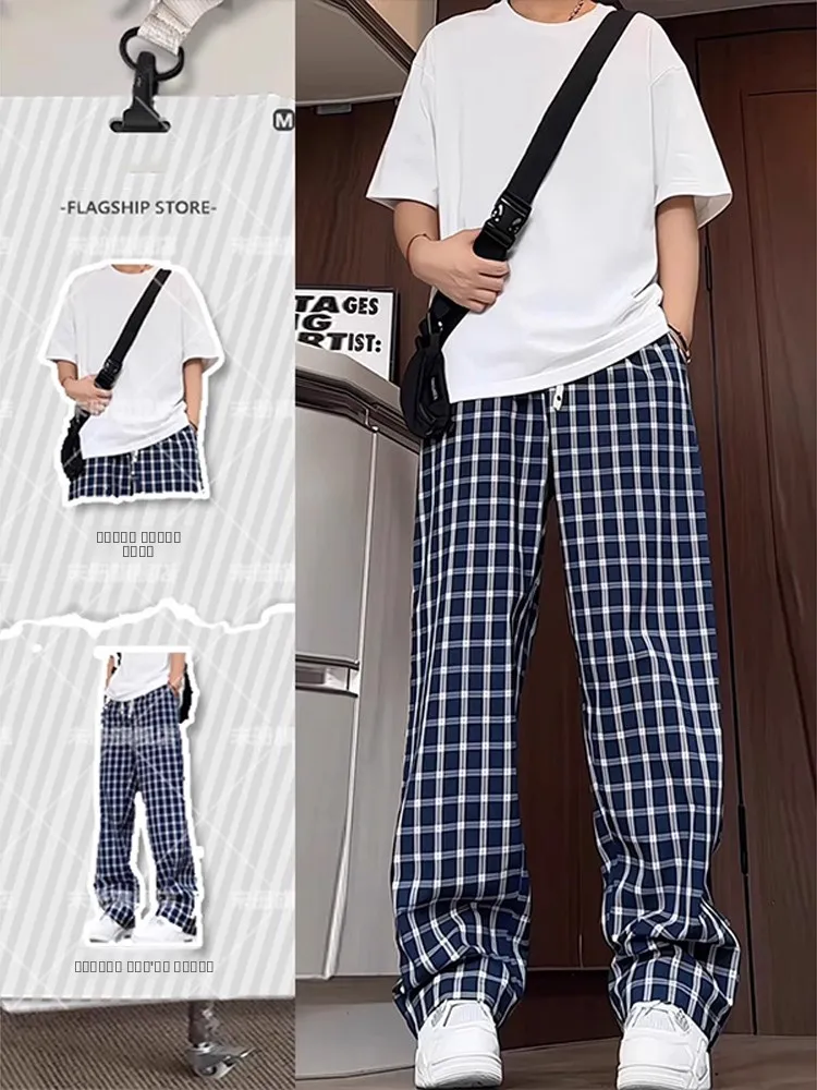 

Мужской комплект одежды в синюю клетку: футболка и брюки, подростковый комплект из двух предметов, белая футболка в тон, комплект из двух частей.