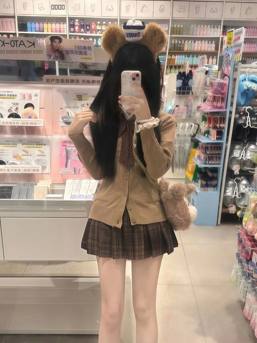 

Кардиган и юбка в стиле JK из карамельной трикотажной ткани, женский комплект для колледжа, универсальный, с длинными рукавами, с воротником, зимний