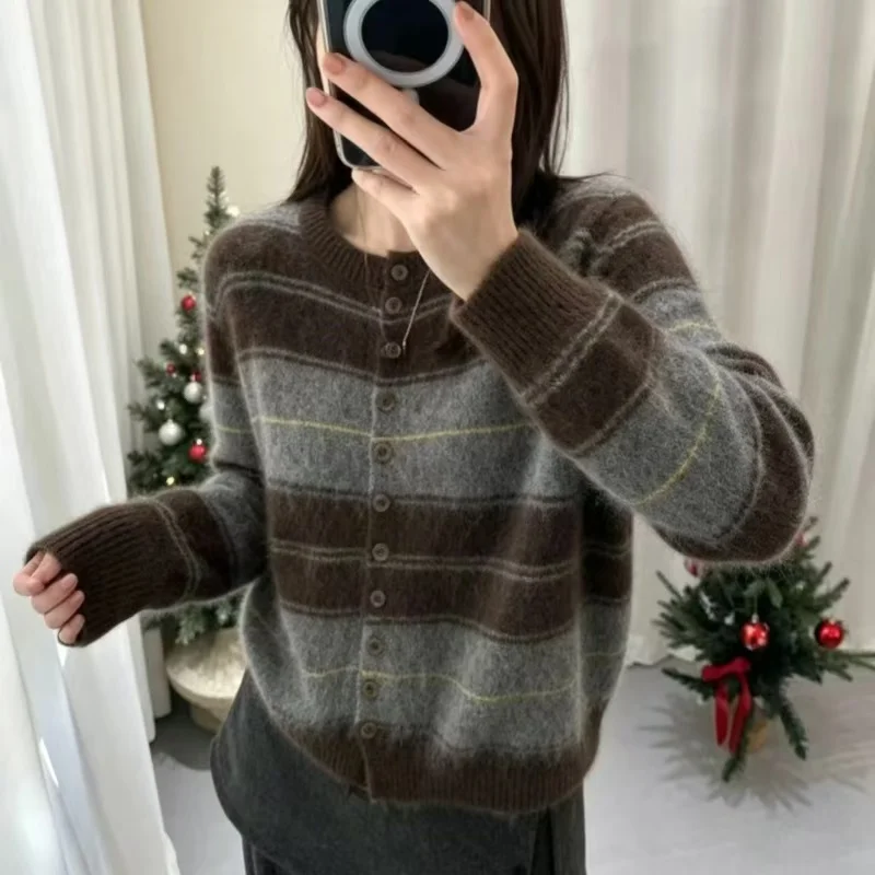 Pure cashmere striped knit cardigan literary style coffee color contrast coat round neck multi-button long sleeve loose outside